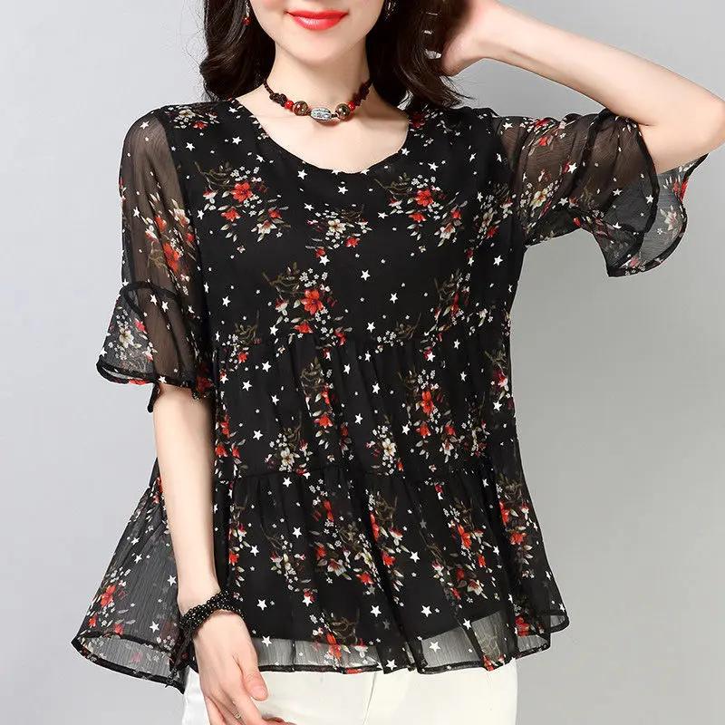 Blouse Women Chiffon Shirt Short Sleeve Women's Top Printed Loose Round Neck Blusas
