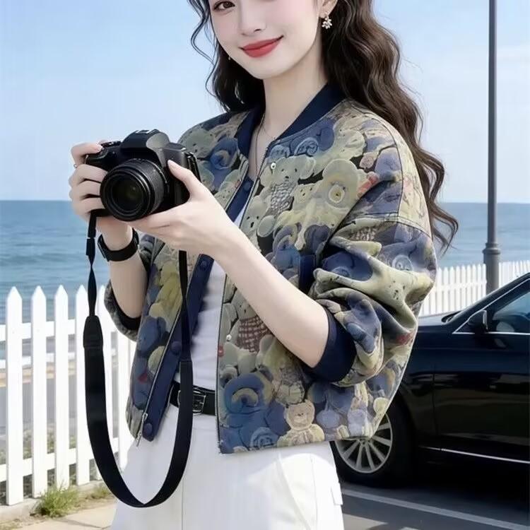 

Spring Net Celebrity Baseball Uniform Short Jacket Women s Heavy Industry Printed Bear Slim Jacket Top XS