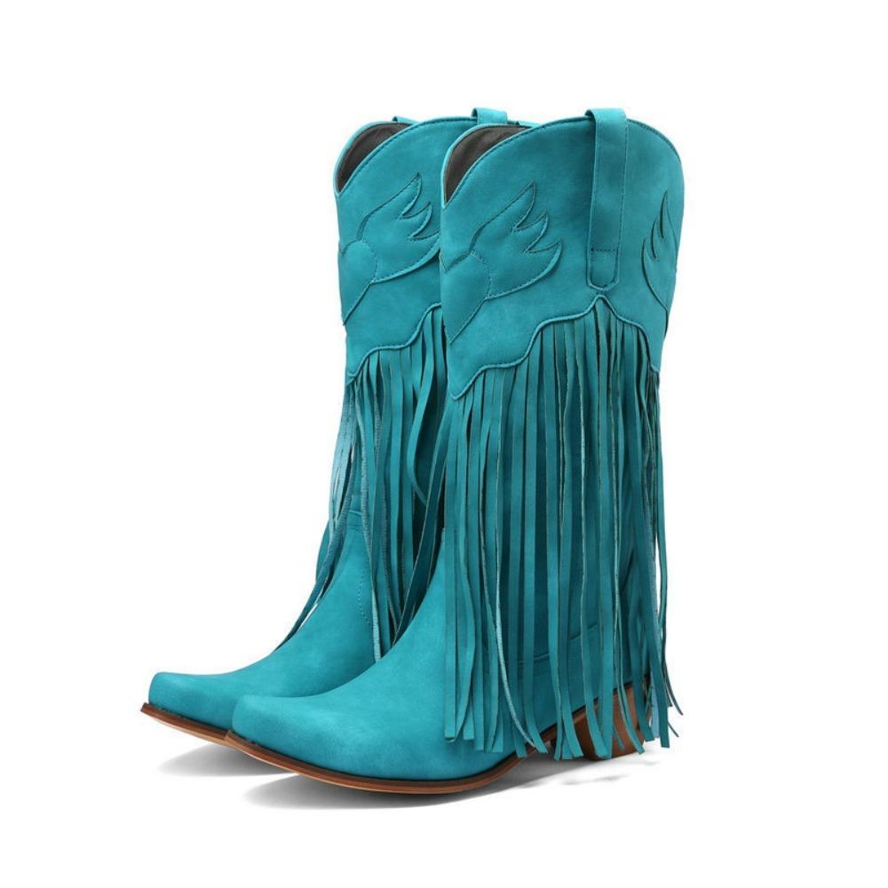 Women's European & American Vintage Mid-Calf Boots - Chunky Heel, High Heel, Round Toe, Fringed Knight Boots & Boots