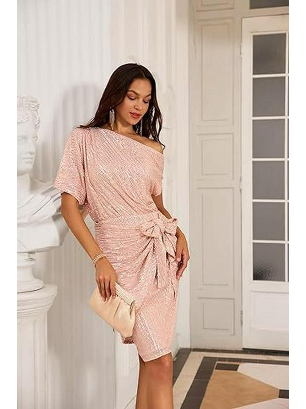 Shiny Sequin Trim One-Shoulder Beaded Mesh Formal Dress for Women