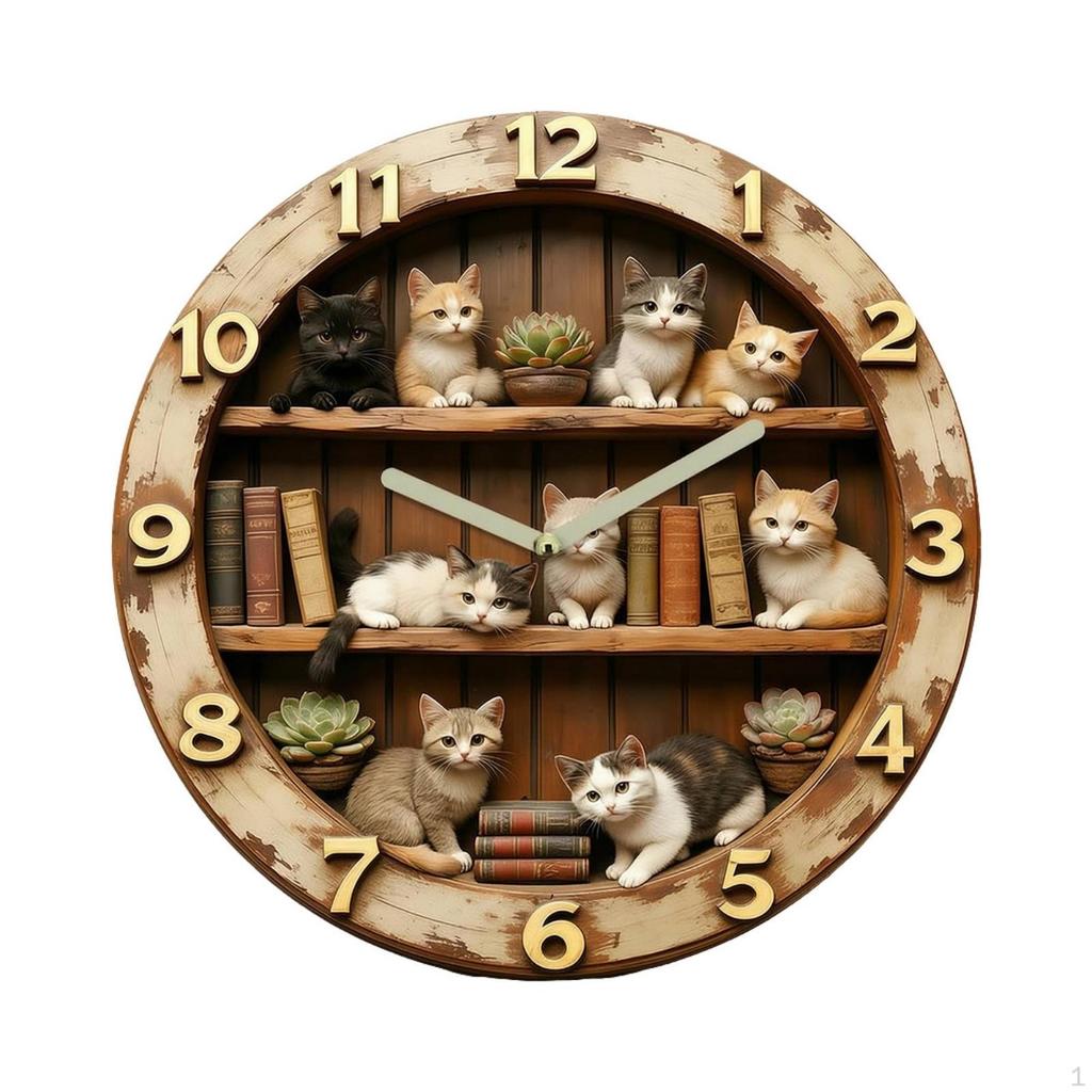 Katzenmotiv Wanduhr Holzoptik mit arabischen Ziffern Rustikal für Buchliebhaber, Wohnzimmer,