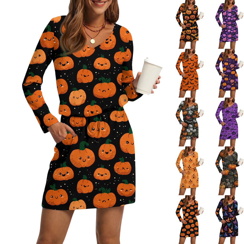 Dámské módní šaty s V výstřihem, dlouhým rukávem a stahovací šňůrkou, s kapsou, s halloweenským potiskem, ležérní