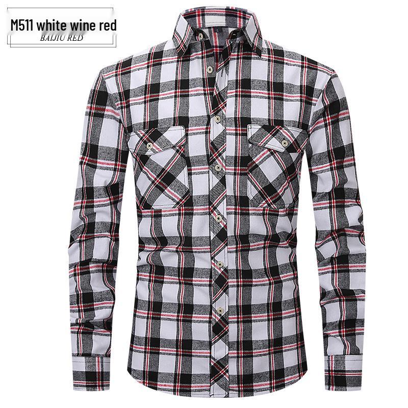 Lente Zomer Slim Fit Geborsteld Ruit High-End Lange Mouw Dubbele Zak Heren Flanellen Overhemd