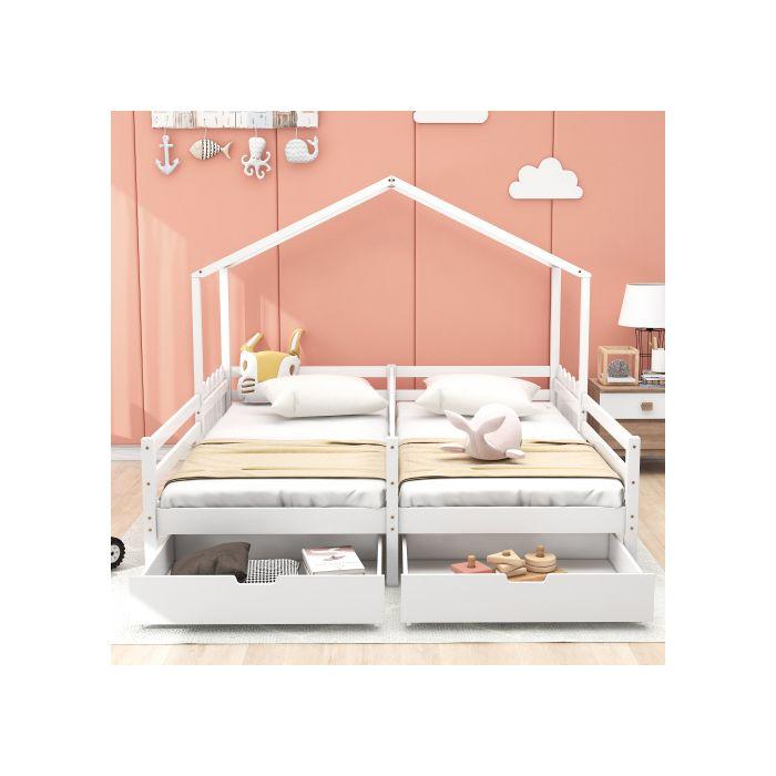 Lit Enfant - MUVOE - Lit À Lattes Avec 2 Tiroirs - MDF - 200x90 Cm - Blanc