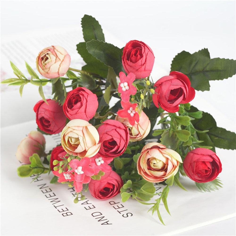 Artificial Camellia 5 Branchs 13 Flowers Realistic Silk Easy Maintenance Faux Flower Decor Dark Pink for Wedding Birthday Party