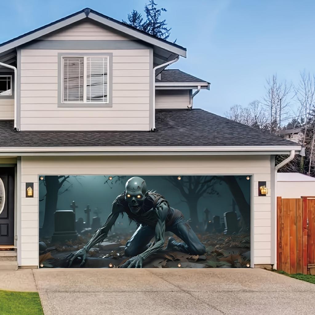 Halloween celebration garage banner: Zombies Crawl Out of the Grave - Polyester material, outdoor decoration