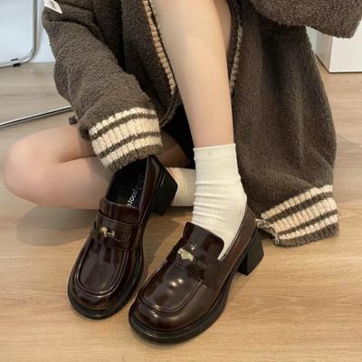 Platform Loafers Women'S One-Pedal Medium Thick Heel Single Shoes French Retro Small Leather Shoes Niche Mary Jane Women'S Shoes