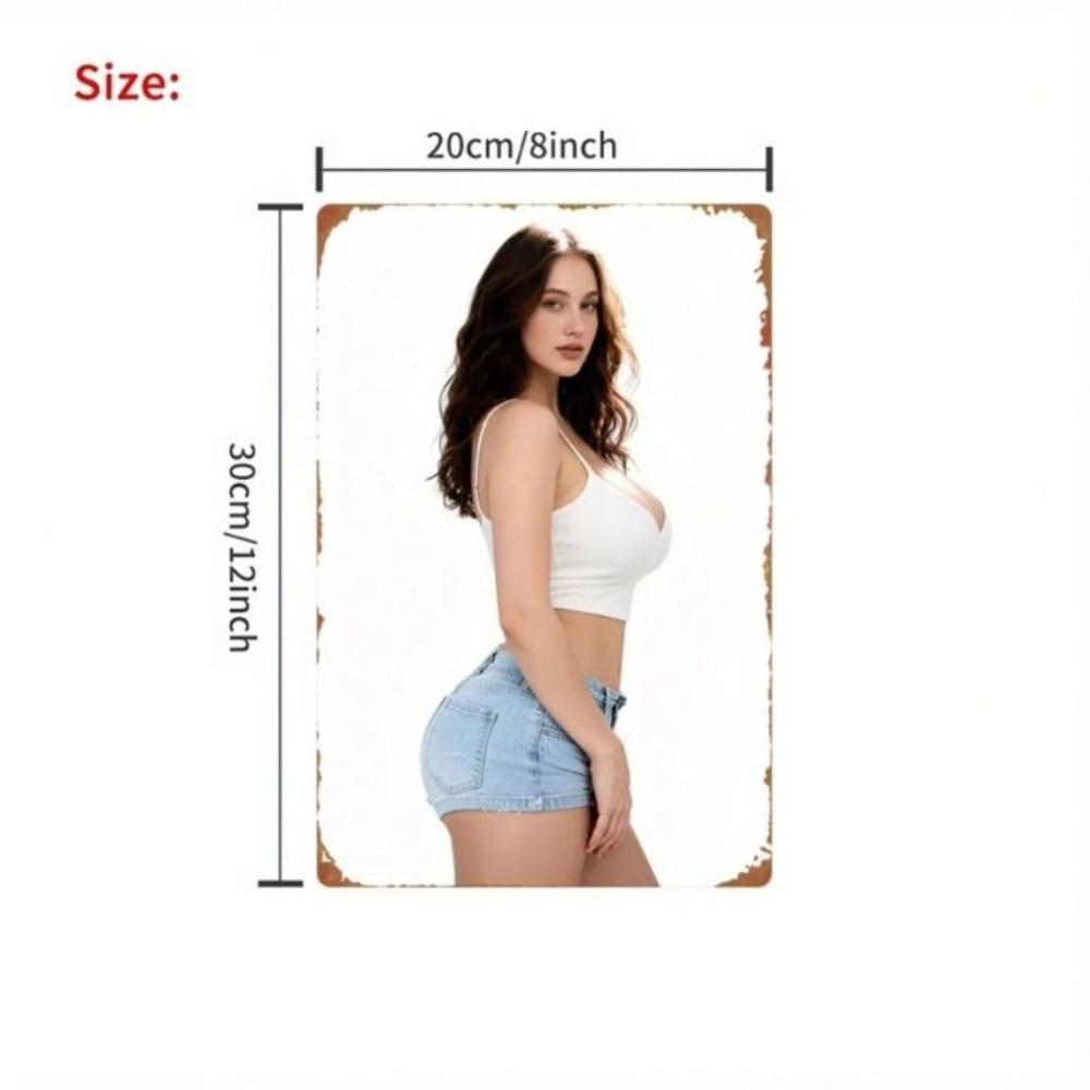 Metal Poster Girl White Top Denim Shorts Modern Wall Art Living Room