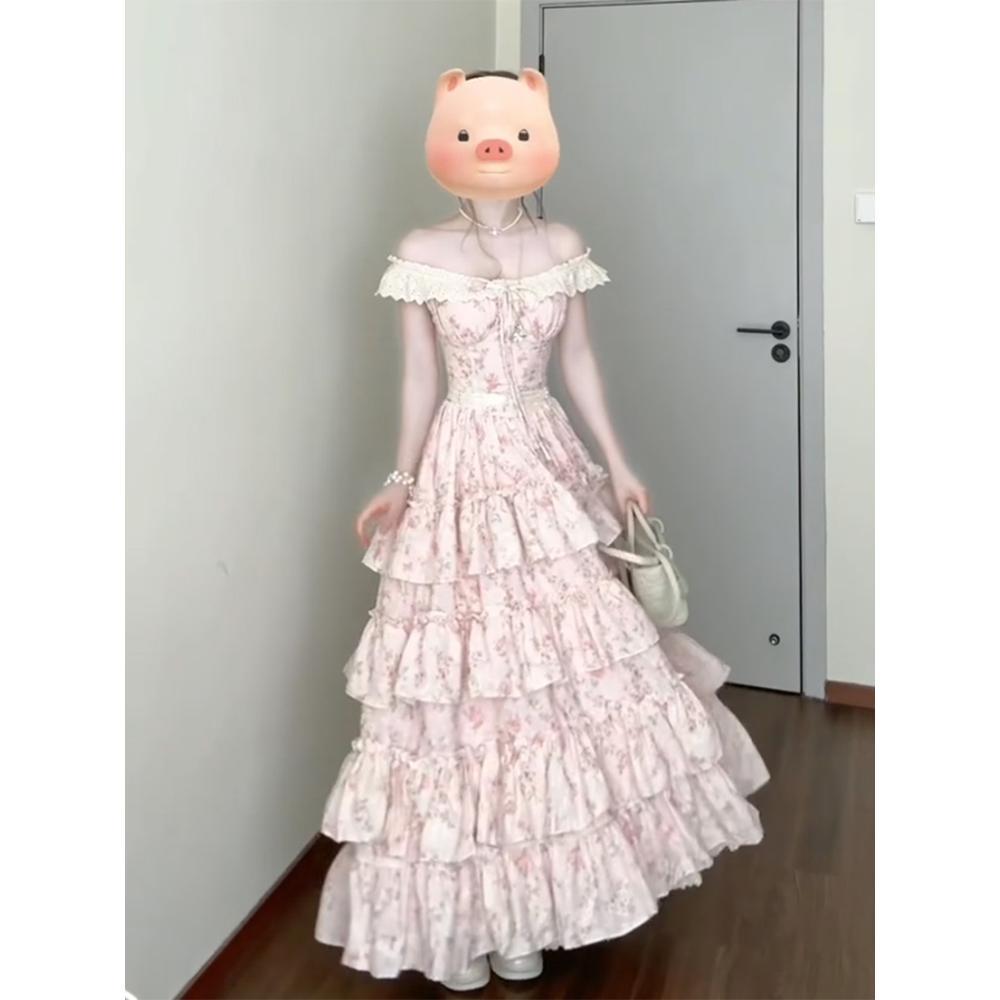 Sweet wind pink floral suspender dress temperament great good-looking unique beautiful waist a word princess dress