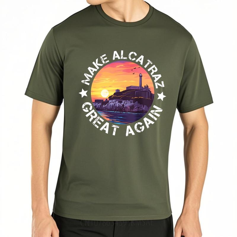 Casual Summer Women T Shirt Make Alcatraz Great Again Sunset Island Scene Short Sleeve Printed Crew Neck Tops Teeshirt For Man