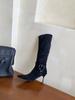 2025 autumn and winter new European and American belt buckle thin high heel pointed suede high boots solid color one-pedal knight boots
