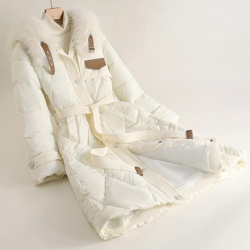 

Элегантные зимние куртки женские длинные парки с поясом воротник из искусственного меха свободные толстые теплые пальто больших размеров 3XL бежевый