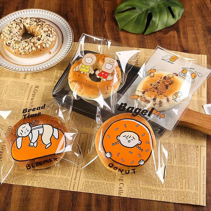 Cartoon Bread Storage Bags Self-Sealing Clear Plastic Packaging Bags For Sliced Bread Donuts Bagels Buns Resealable Bakery