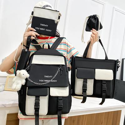 2025 Nuovo Zaino delle Scuole Superiori con Catena Set 5 Pezzi Campus Casual Tela Zaino Moda Contrasto di Colore Zaini per Ragazzi e Ragazze