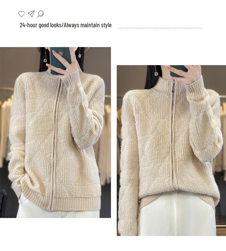 2024 Autumn/Winter Women's Thickened Pure Wool Embroidered Cardigan with Stand Collar and Zipper Closure