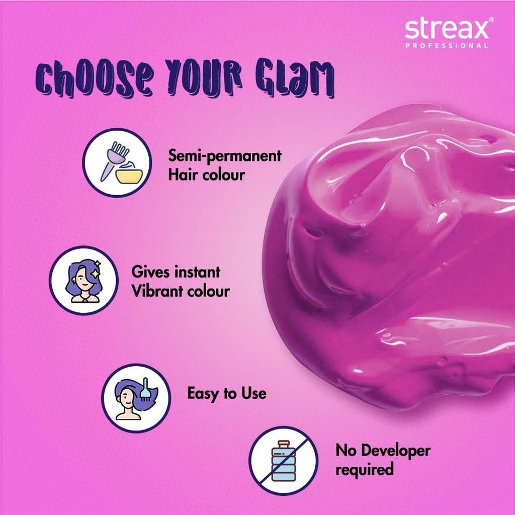 Streax Professional Groovy Pink Semi Permanent Hair Colour | Ammonia Free Vibrant Funky Hair Dye For Bold Stylish Looks, 100g Pack