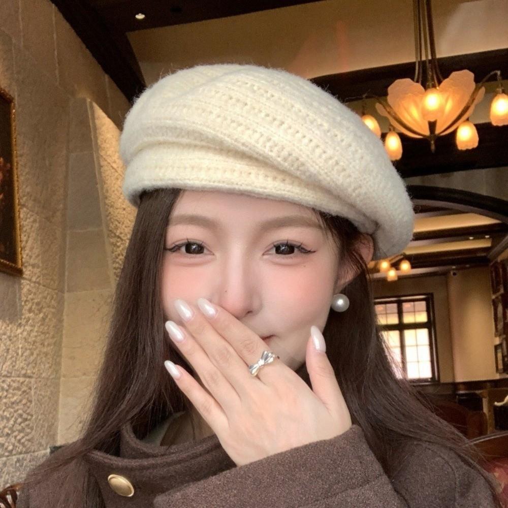 Polyester Women Knitted Beret Hat Spring Summer Girls Vintage Beret Hat Casual Wear