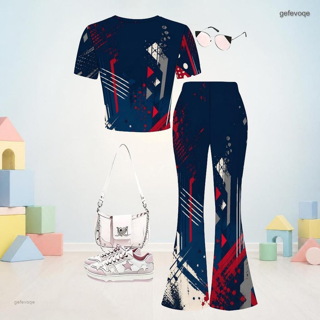 Girls Abstract Printed Round Neck Short Sleeve Top Flared Pants Two Piece Set