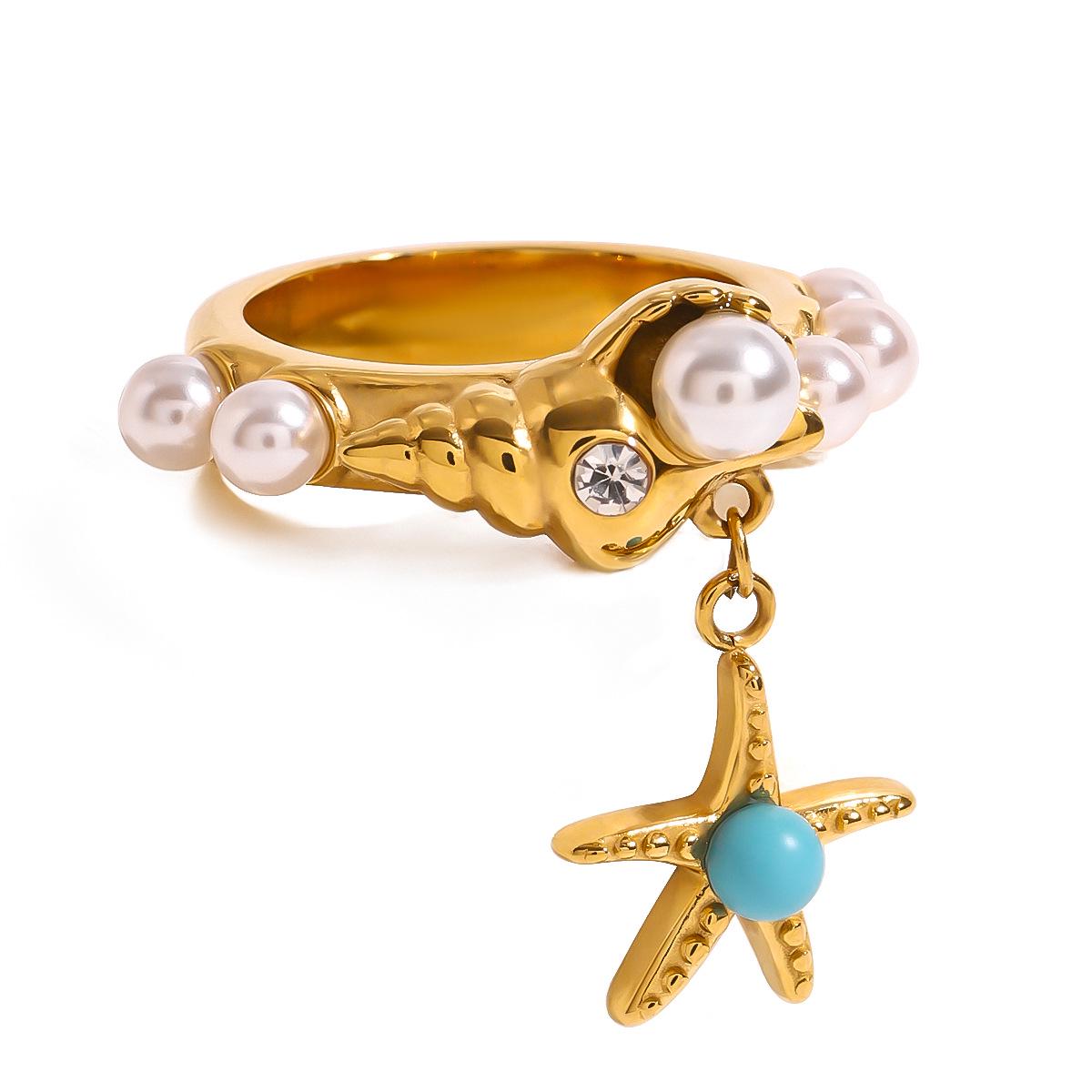 

18K Gold Pearl Starfish Shell Bead Ring - Quiet Chic Stainless Steel Jewelry