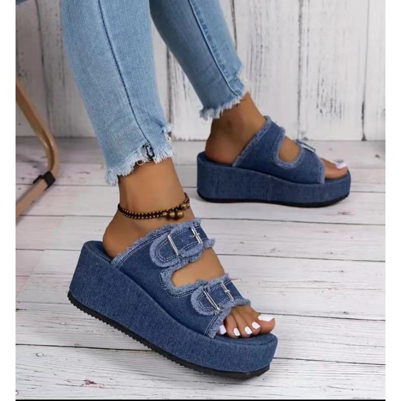 New Summer Women's Plus Size Wedge Denim Belt Buckle Slip on Chunky Sole Outdoor Slide Sandals