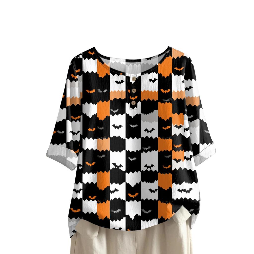 Top Casual da Donna a Manica Media Girocollo con Stampa di Halloween in Cotone e Lino