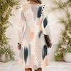 Women Abstract Printed Criss Cross V Neck Long Sleeve Fitted Curved Hem Dress