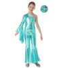 Girls Performance Jumpsuit Metallic Bell Bottom Design One Shoulder Flare Sleeve Bodysuit Hair Accessory