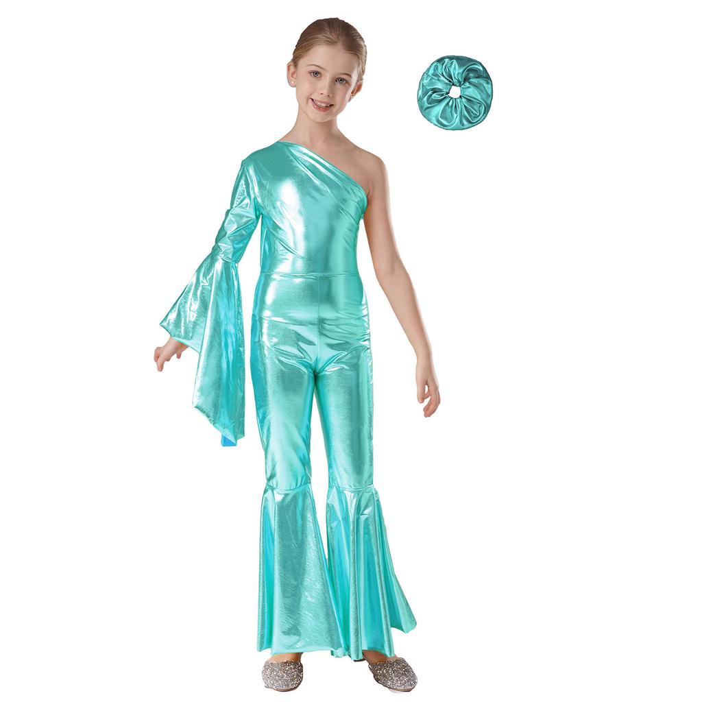 Girls Performance Jumpsuit Metallic Bell Bottom Design One Shoulder Flare Sleeve Bodysuit Hair Accessory