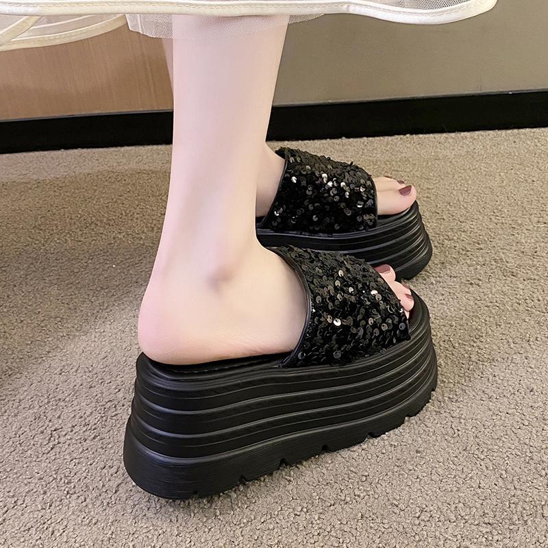 Fashion 8.5cm Synthetic Slip On Platform Wedge Fashion Sandal Bling ROME Ladies Beach Shoes Peep Toe Pumps Summer Slippers Fashion Shoes