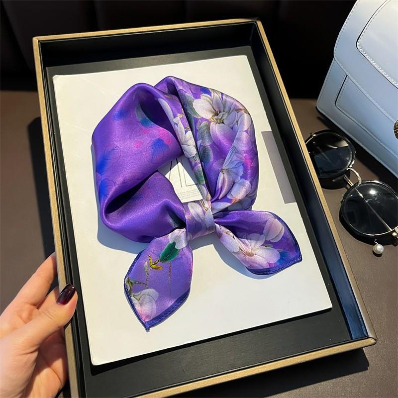 Hangzhou Silk Women Romantic Purple Printed Scarf 100% Mulberry Thin Decorative 53x53cm