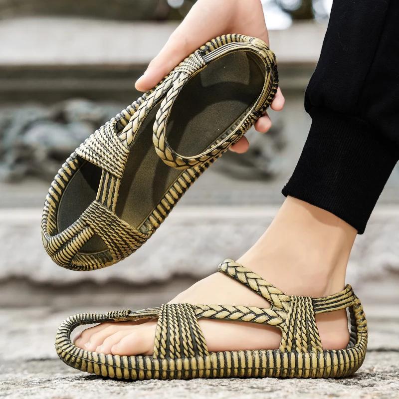 Men's Retro Lightweight Breathable Roman Sandals, Anti Slip Beach Oversized Sandals