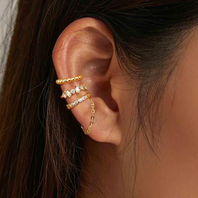 3pcs Dainty Zircon Ear Clip Set for Women Fashion Chain Type Non Piercing Gold Plated Ear Cuff Vacation Jewelry Banquet Gift New