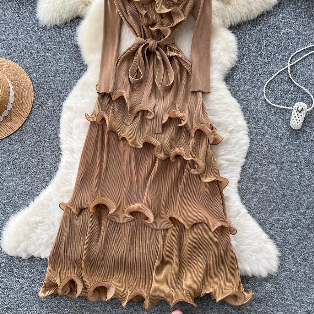 Autumn Winter Women Elegant 3D Flower Ruffles Miyake Fold Christmas Party Oversized Loose Lace-up Dresses