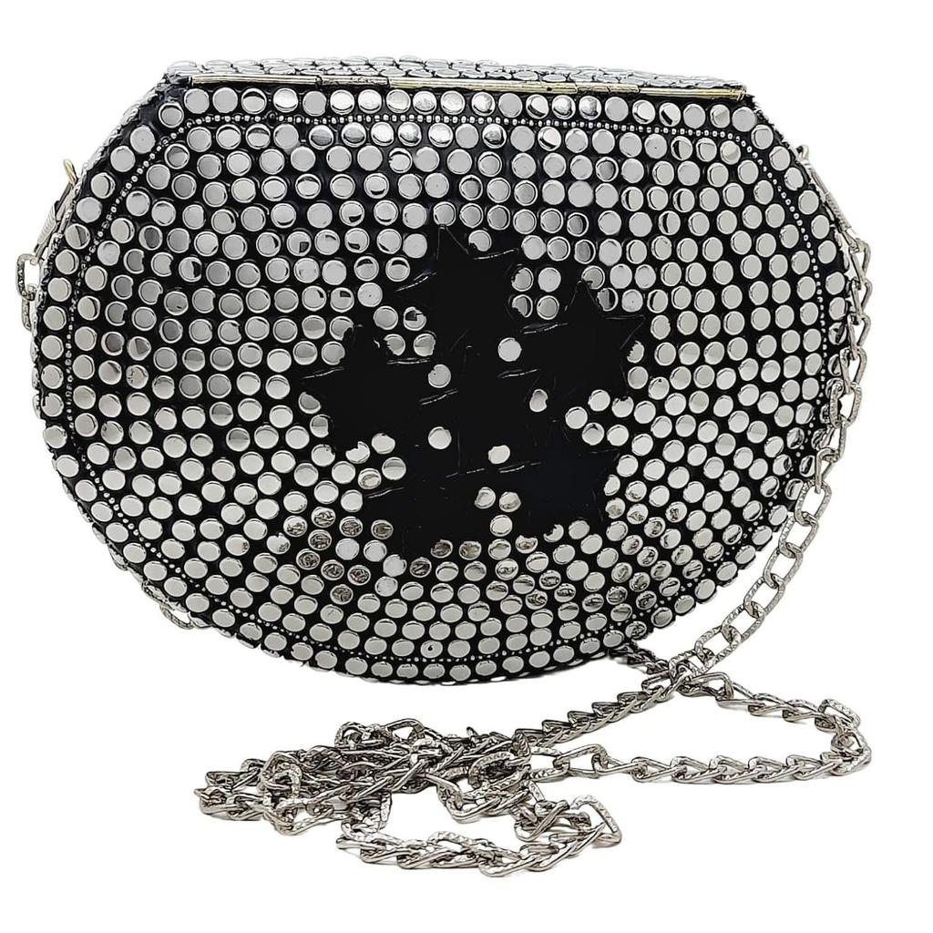 Silver Metal Beaded Ethnic Purse Girls Bridal Bag Cross Body Bag for women/Girl Party Clutch Metal Clutches Vintage Brassc