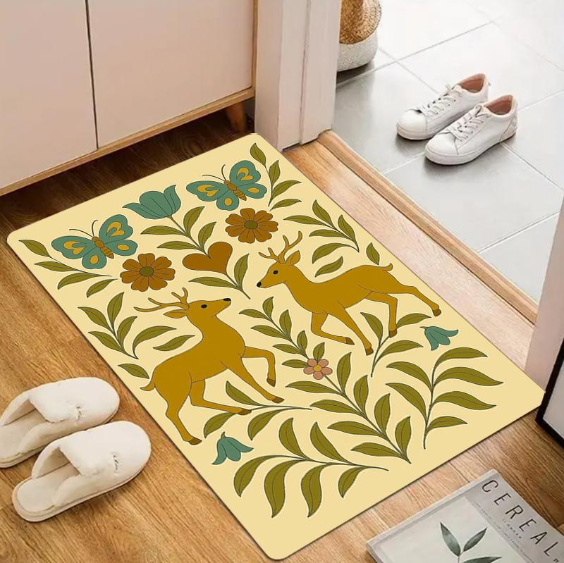 Vintage Ethnic Style Printed Carpet Symmetrical Rabbit and Bird Pattern Door Mat Cute Living Room Bedroom Entrance Carpet