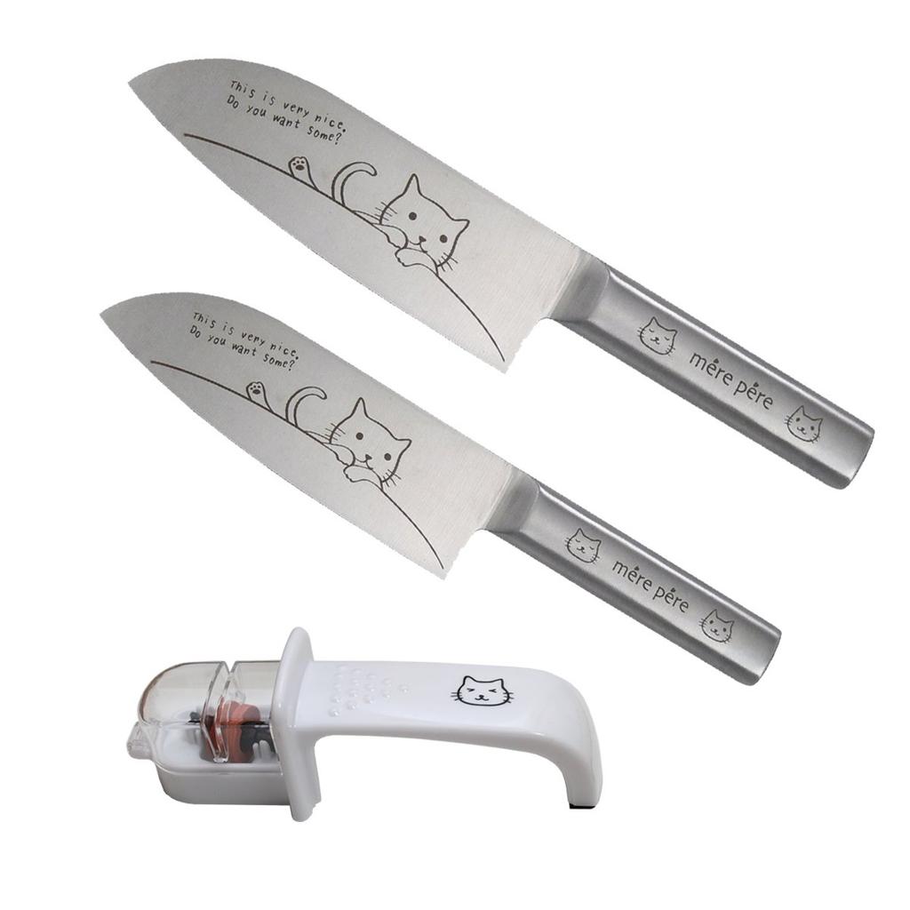 Merpere Cat Santoku Knife Pair Set Cat Design with Knife [Original Sharpener]