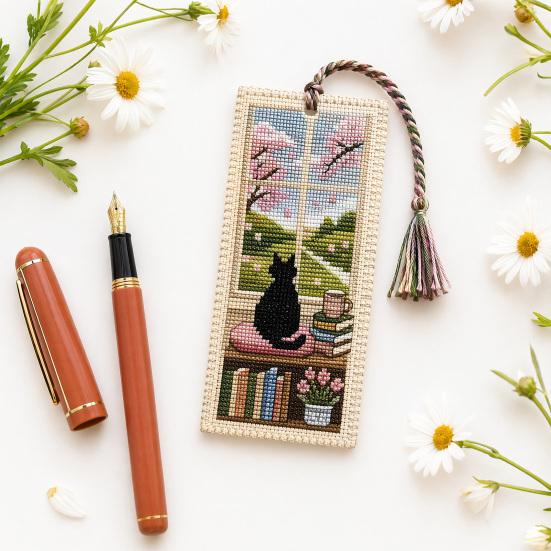 Seasonal Cat Cross-Stitch Bookmark, Four Seasons Black Cat Bookmark with Braided Rope, Handcrafted Book Page Marker for Book Lovers