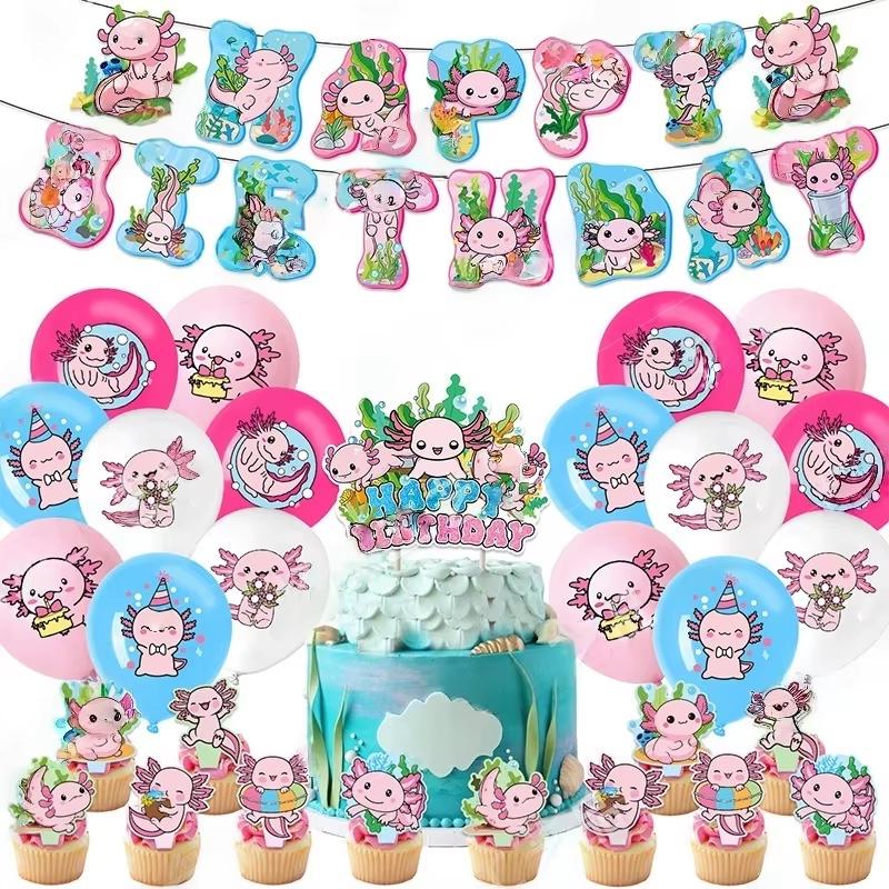 Pink Salamander Birthday Party Decoration Set Banner Cake Topper Balloons For Kids Party Birthday Favors Baby Shower Photo Booth