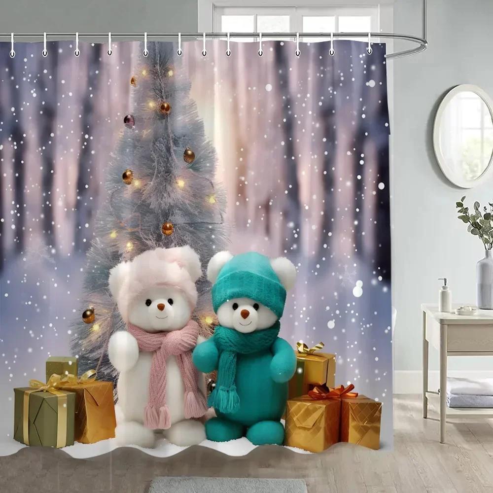 Cute Christmas Cats Shower Curtain Winter Xmas Tree Balls Gift Funny Animal Dog New Year Bathroom Curtains Fabric Home Decor Set
