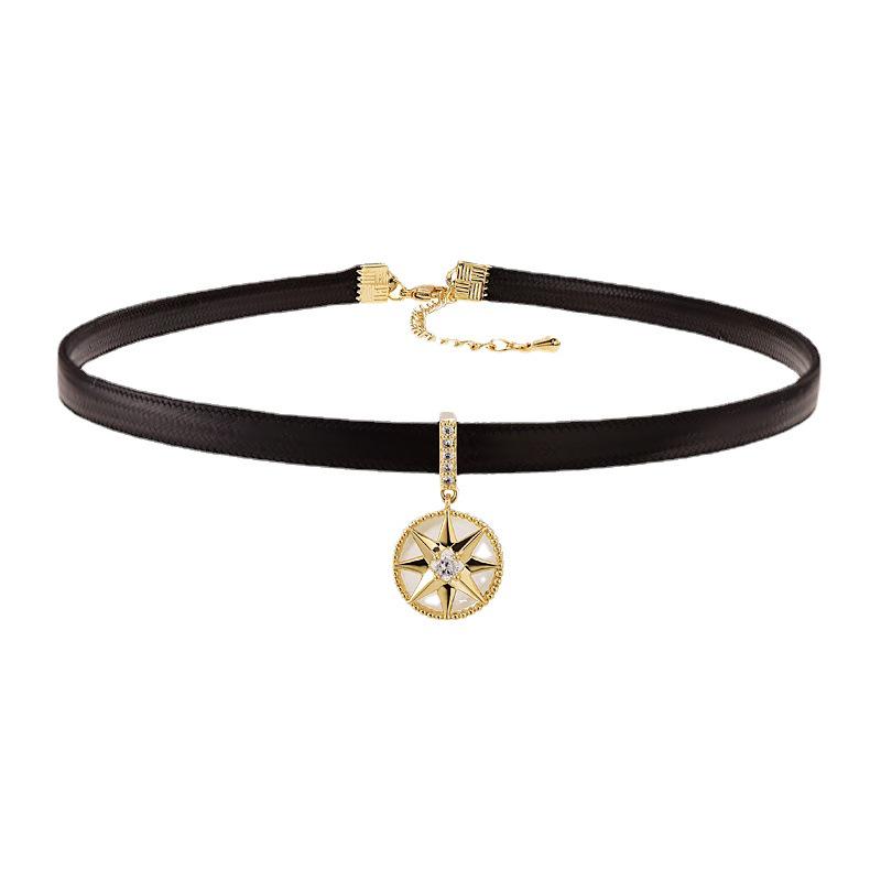 Korean Black Leather Choker Compass Necklace for Women