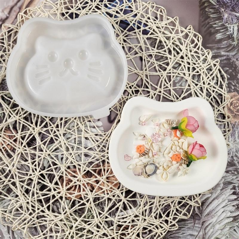 Cats Shaped Tray Mold Silicone 15.9x13.3x2.2cm White Flexible for Crafting Enthusiasts Jewelry Storage Plate Mould