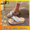 Fashion versatile slippers women's 2025 summer wear thick bottom slope with lace cross with seaside vacation cool slippers women