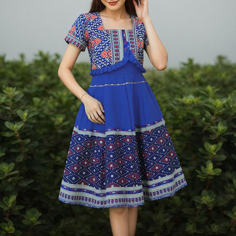 ZANZEA Women Casual Square Collar Short Sleeve Retro Print A-Line Dress