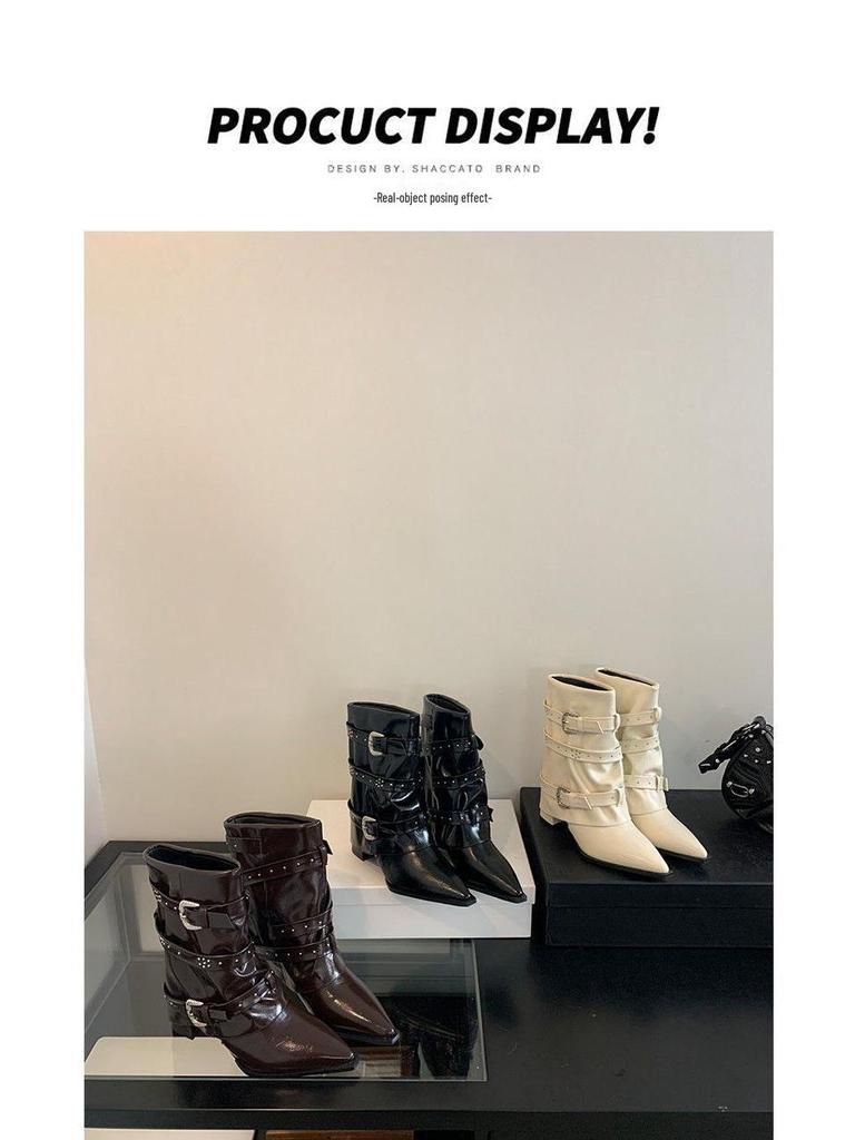 European & American Style Rhinestone Buckle Over-the-Knee High Heel Boots 2025 - Women's Autumn Pointed Toe Chunky Heel Ankle Boots.