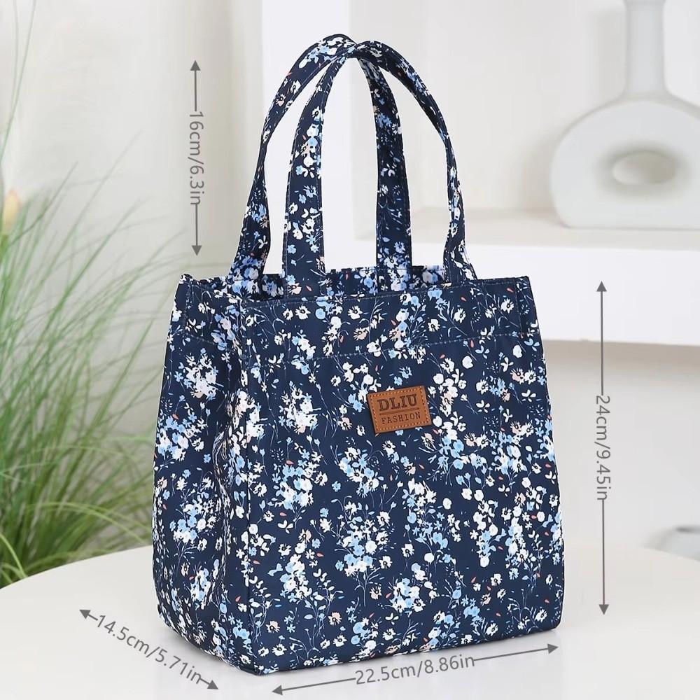 Portable Floral-printed Lunch Box Bag Large Capacity with Zipper Lunch Tote Bag Nylon Picnic Lunchbox Bag