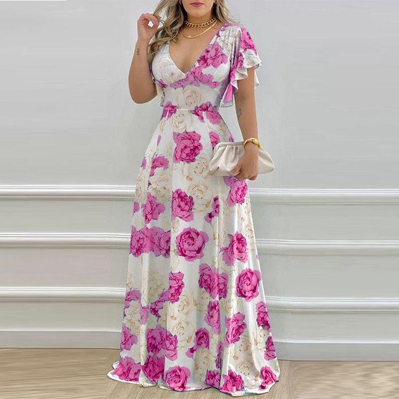 

2026 Spring Collection: Women s European & American Sexy Waist-Cinching Long Dresses with Wide Hem & Print Design 3XL