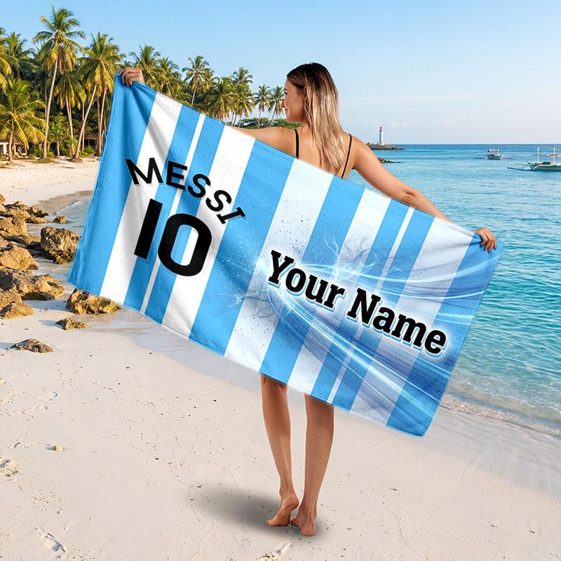 Asciugamano da Spiaggia Personalizzato Lionel Messi, Stampa Testo Nome Personalizzato, Asciugamano Morbido Asciugatura Rapida con Logo Calcio, Regalo per le Vacanze