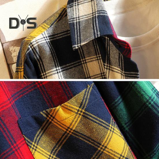 Men Spring Shirt Colorblock Plaid Print Single-breasted Loose Long Sleeve Lapel Buttons Streetwear Casual Cardigan Shirt Coat