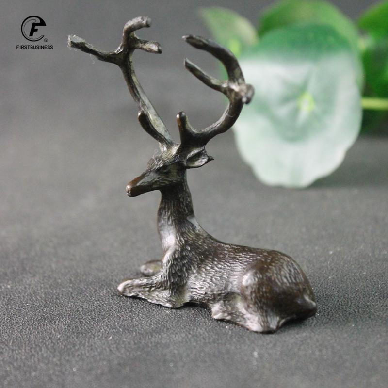 Antique Copper Sika Deer Tabletop Small Ornaments Vintage Brass Animal Figurines Desk Decorations Accessories Home Decor Crafts