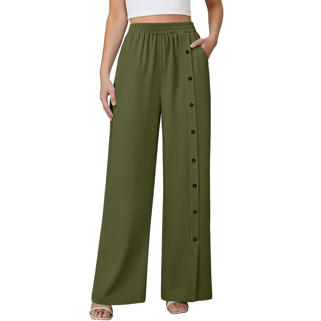 Women's Fashionable Color Button Elastic Waist Straight Tube High Waist Pocket Cotton Linen Casual Pants